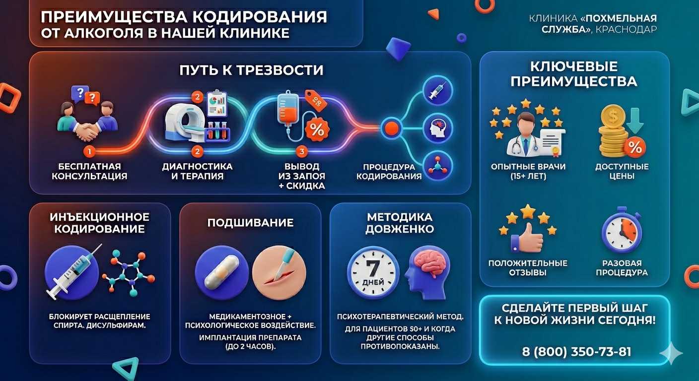 Инфографика о методах кодирования от алкоголя в Красногорске: инъекции, подшивание, метод Довженко. Преимущества клиники и этапы лечения.