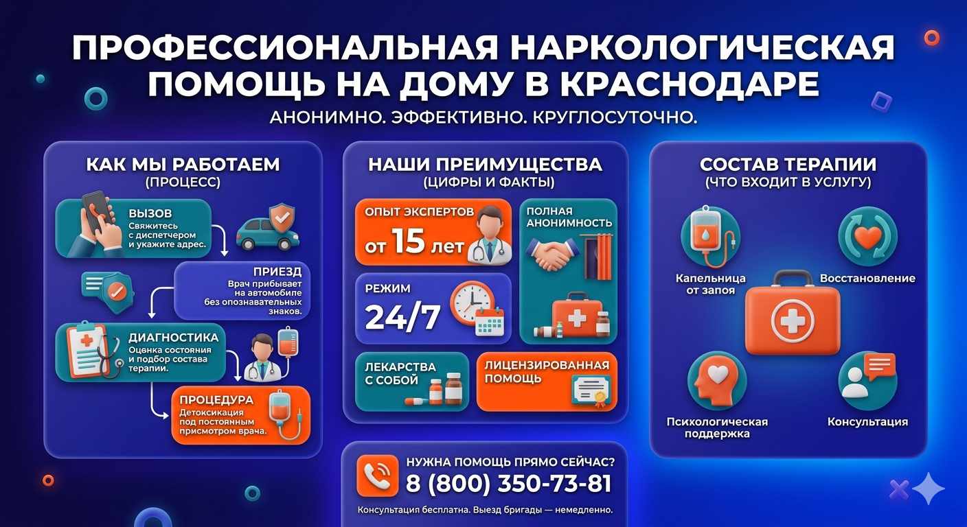 Инфографика о принципах лечения алкоголизма на дому в Красногорске: этапы вызова нарколога, преимущества анонимной детоксикации и состав медицинской помощи.